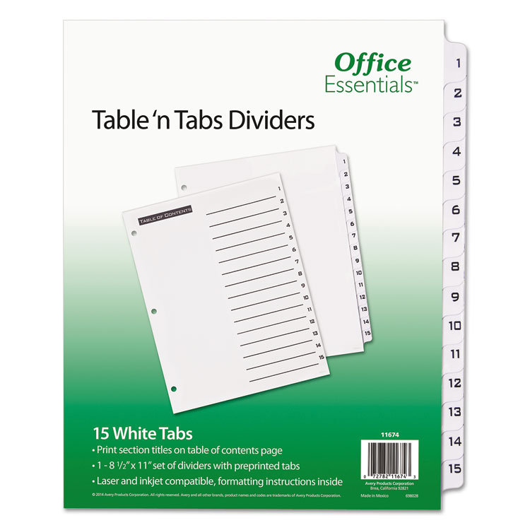 Office Essentials Table 'n Tabs Dividers, 15-Tab, 1 to 15, 11 x 8.5, White, White Tabs, 1 Set (AVE11674)
