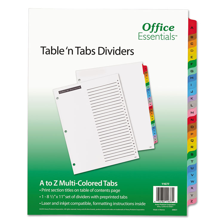 Office Essentials Table 'n Tabs Dividers, 26-Tab, A to Z, 11 x 8.5, White, Assorted Tabs, 1 Set (AVE11677)