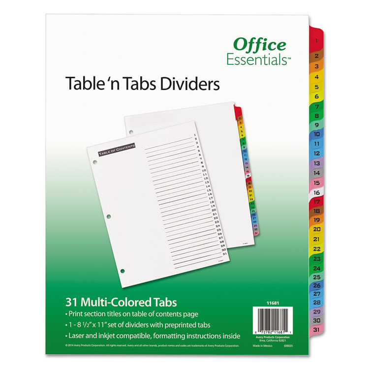 Office Essentials Table 'n Tabs Dividers, 31-Tab, 1 to 31, 11 x 8.5, White, Assorted Tabs, 1 Set (AVE11681)