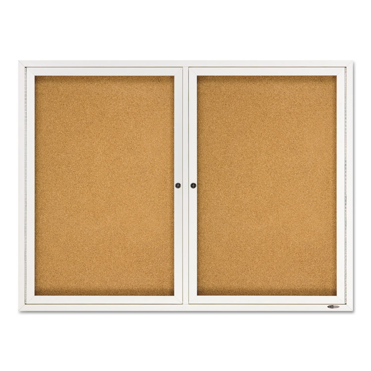Quartet Enclosed Indoor Cork Bulletin Board with Two Hinged Doors, 48" x 36", Tan Surface, Satin Aluminum Frame (QRT2364)