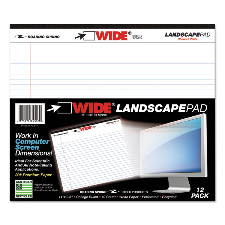Roaring Spring WIDE Landscape Format Writing Pad, Unpunched with Standard Back, Medium/College Rule, 40 White 11 x 9.5 Sheets (ROA74500)