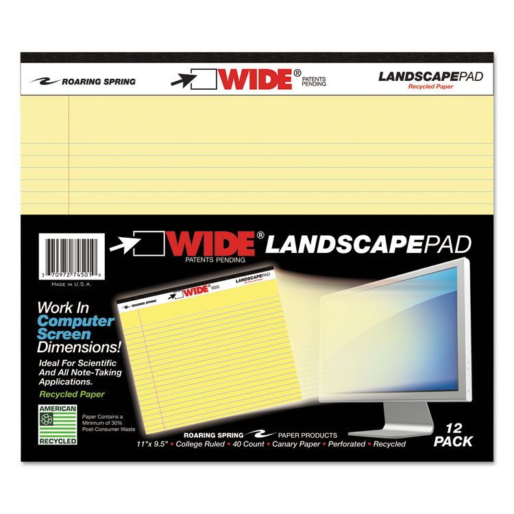 Roaring Spring WIDE Landscape Format Writing Pad, Unpunched with Standard Back, Medium/College Rule, 40 Canary-Yellow 11 x 9.5 Sheets (ROA74501)