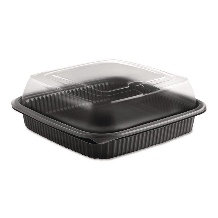 Square Culinary Squares 2-Piece Microwavable Container, Deep Lid, 36 oz, 8.46 x 8.46 x 2.91, Clear/Black, Plastic, 150/Carton (ANZ4118515)