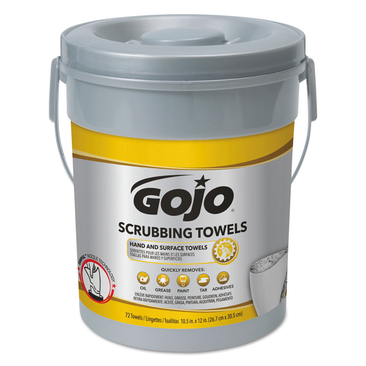 GOJO Scrubbing Towels, Hand Cleaning, 2-Ply, 10.5 x 12, Silver/Yellow, 72/Bucket, 6/Carton (GOJ639606)