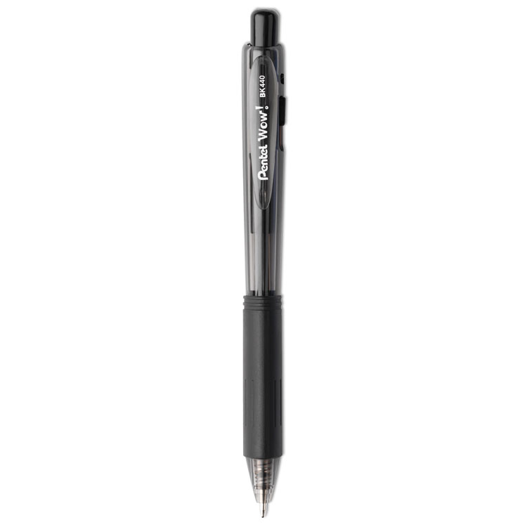Pentel WOW! Ballpoint Pen, Retractable, Medium 1 mm, Black Ink, Smoke/Black Barrel, Dozen (PENBK440A)