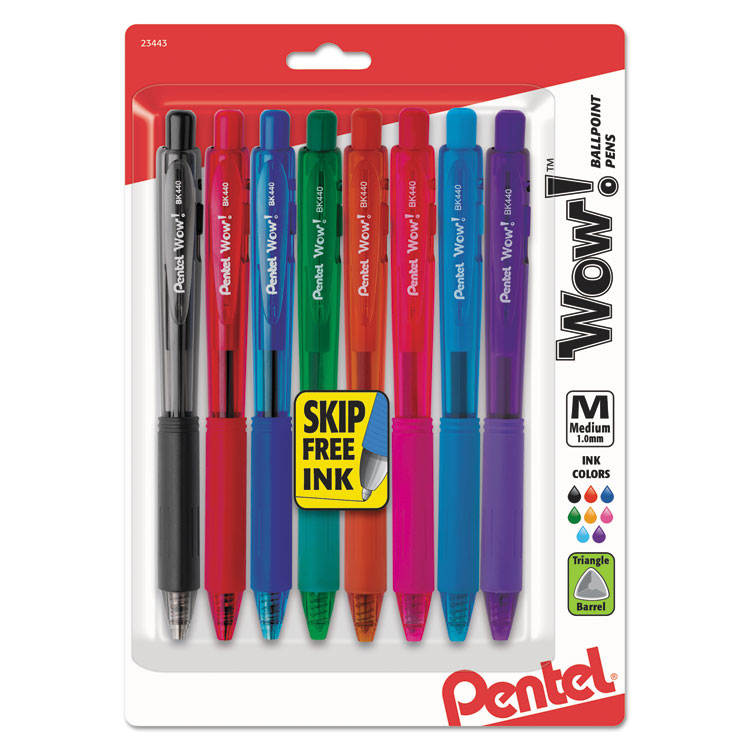 Pentel WOW! Ballpoint Pen, Retractable, Medium 1 mm, Assorted Ink and Barrel Colors, 8/Pack (PENBK440BP8M)