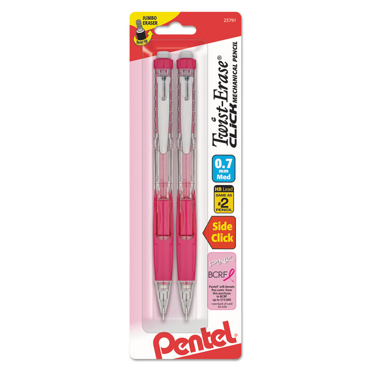Pentel Twist-Erase CLICK Mechanical Pencil, Breast Cancer Awareness, 0.7 mm, HB (#2), Black Lead, Pink Barrel, 2/Pack (PENPD277TBP2PBC)