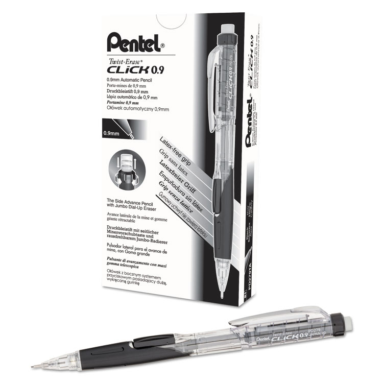 Pentel Twist-Erase CLICK Mechanical Pencil, 0.9 mm, HB (#2), Black Lead, Black Barrel (PENPD279TA)