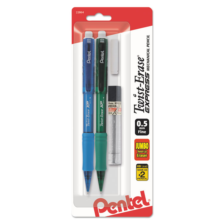 Pentel Twist-Erase EXPRESS Mechanical Pencils with Tube of Leads/Eraser, 0.5 mm, HB (#2), Black Lead, (2) Assorted Barrel Colors (PENQE415LEBP2)