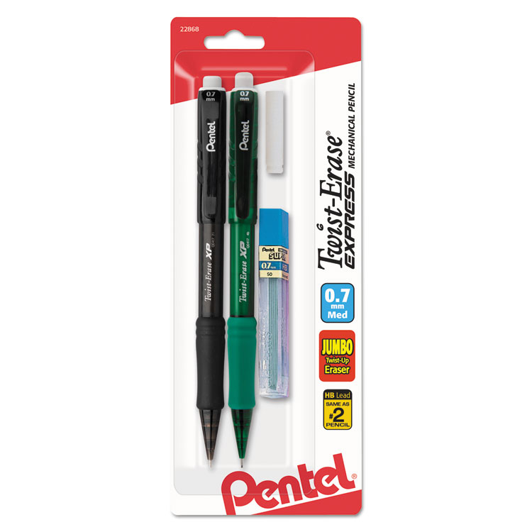 Pentel Twist-Erase EXPRESS Mechanical Pencils with Tube of Lead/Eraser, 0.7 mm, HB (#2), Black Lead, Assorted Barrel Colors, 2/Pack (PENQE417LEBP2)