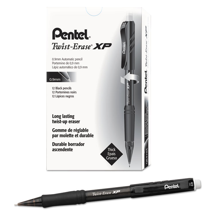 Pentel Twist-Erase EXPRESS Mechanical Pencil, 0.9 mm, HB (#2), Black Lead, Black Barrel, Dozen (PENQE419A)