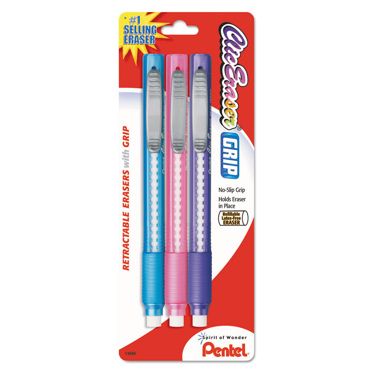 Pentel Clic Eraser Grip Eraser, For Pencil Marks, White Eraser, Randomly Assorted Barrel Colors (Three-Colors), 3/Pack (PENZE21TBP3M)