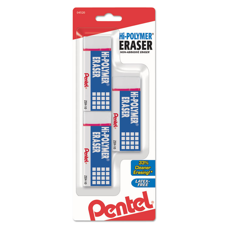 Pentel Hi-Polymer Eraser, For Pencil Marks, Rectangular Block, Medium, White, 3/Pack (PENZEH10BP3K6)