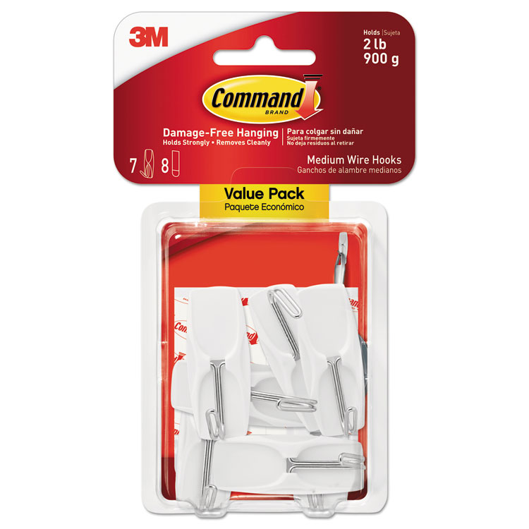 Command General Purpose Wire Hooks, Medium, Metal, White, 2 lb Capacity, 7 Hooks and 8 Strips/Pack (MMM17065VPES)