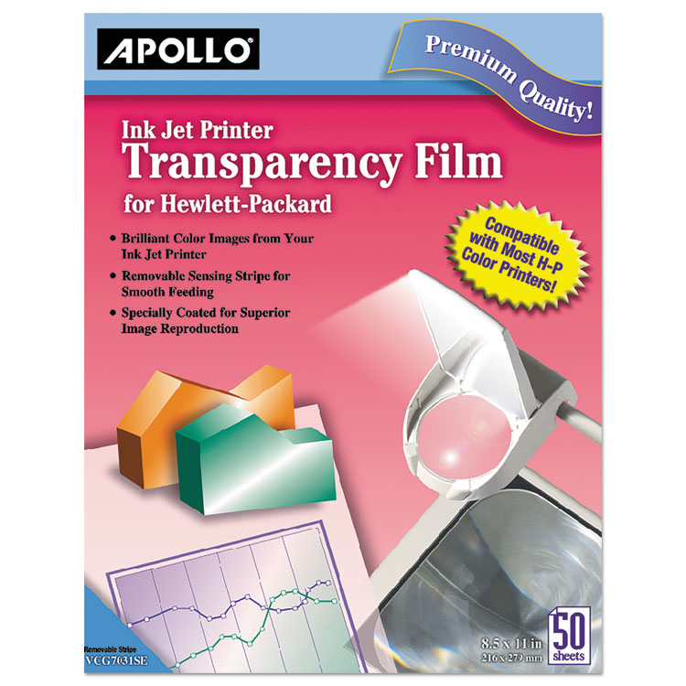 Apollo Quick-Dry Color Inkjet Transparency Film with Handling Strip, 8.5 x 11, 50/Box (APOCG7031S)