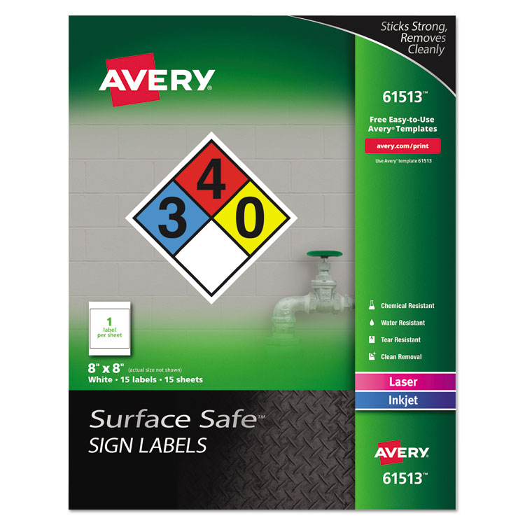 Avery Surface Safe Removable Label Safety Signs, Inkjet/Laser Printers, 8 x 8, White, 15/Pack (AVE61513)