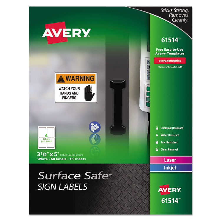 Avery Surface Safe Removable Label Safety Signs, Inkjet/Laser Printers, 3.5 x 5, White, 4/Sheet, 15 Sheets/Pack (AVE61514)