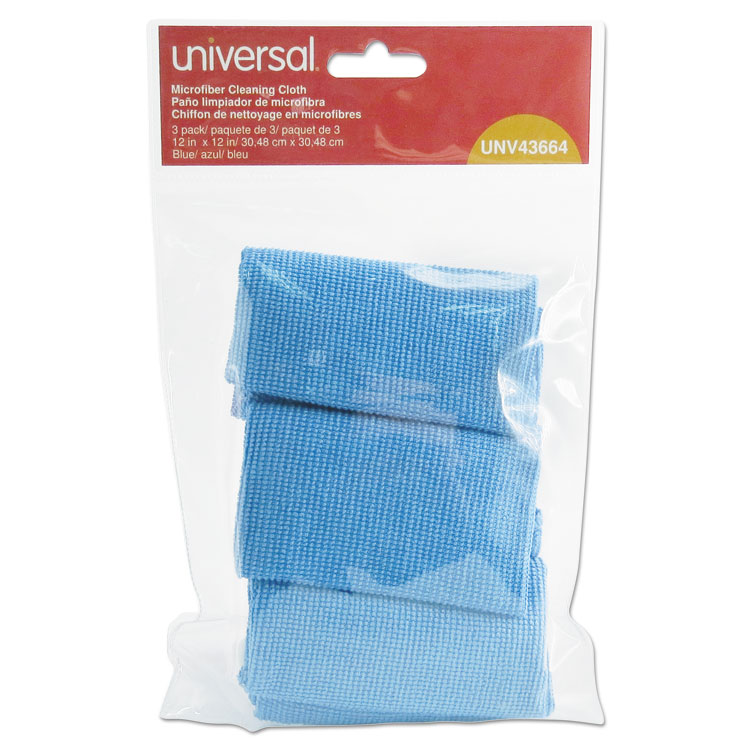 Universal Microfiber Cleaning Cloth, 12 x 12, Blue, 3/Pack (UNV43664)