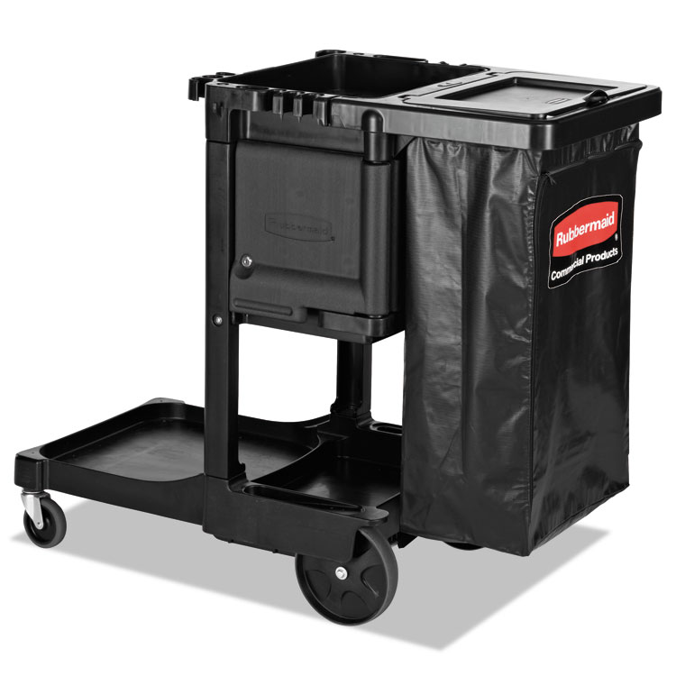 Rubbermaid Commercial Executive Janitorial Cleaning Cart, Plastic, 4 Shelves, 1 Bin, 21.75" x 46" x 38.38", Black (RCP1861430)