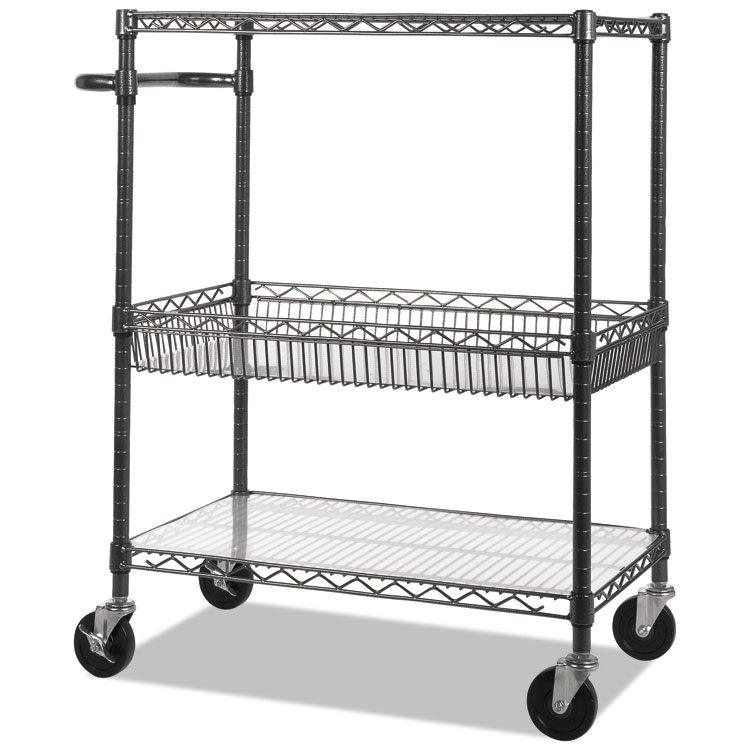 Alera Three-Tier Wire Cart with Basket, Metal, 2 Shelves, 1 Bin, 500 lb Capacity, 34" x 18" x 40", Black Anthracite (ALESW543018BA)
