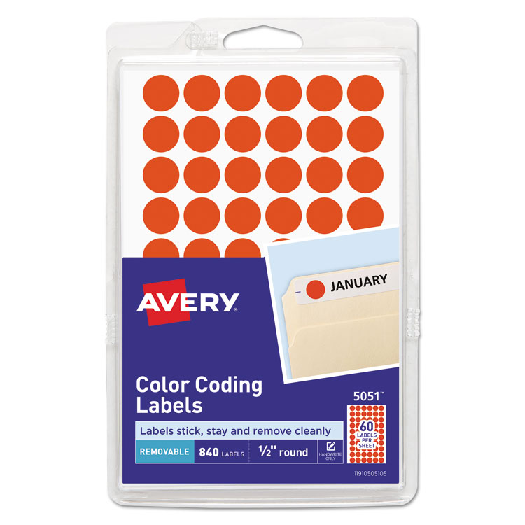 Avery Handwrite Only Self-Adhesive Removable Round Color-Coding Labels, 0.5" dia, Neon Red, 60/Sheet, 14 Sheets/Pack, (5051) (AVE05051)