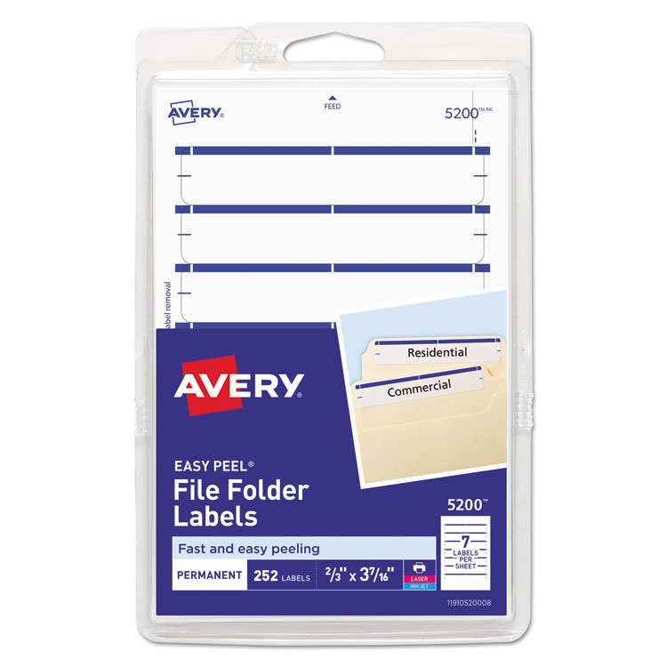 Avery Printable 4" x 6" - Permanent File Folder Labels, 0.69 x 3.44, White, 7/Sheet, 36 Sheets/Pack, (5200) (AVE05200)