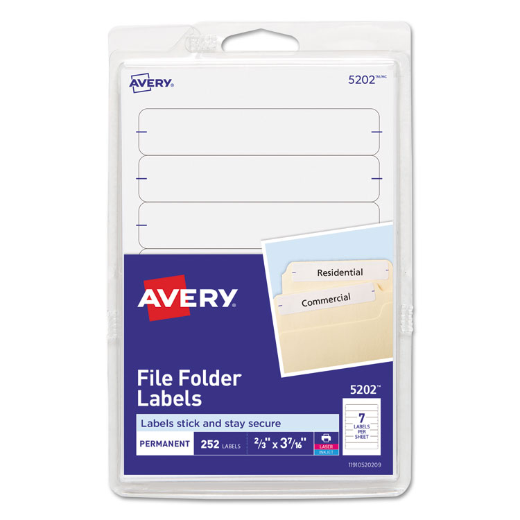 Avery Printable 4" x 6" - Permanent File Folder Labels, 0.69 x 3.44, White, 7/Sheet, 36 Sheets/Pack, (5202) (AVE05202)