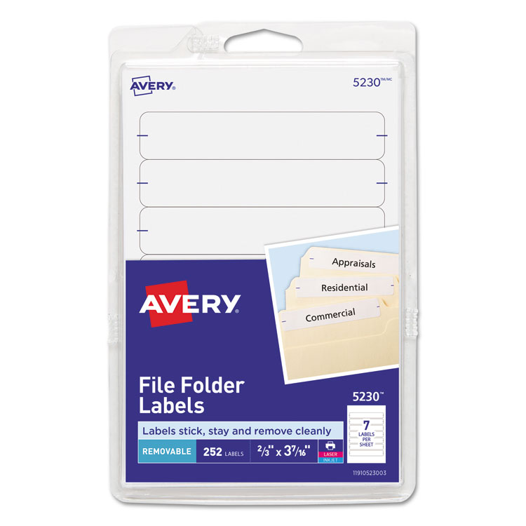 Avery Removable File Folder Labels with Sure Feed Technology, 0.66 x 3.44, White, 7/Sheet, 36 Sheets/Pack (AVE5230)