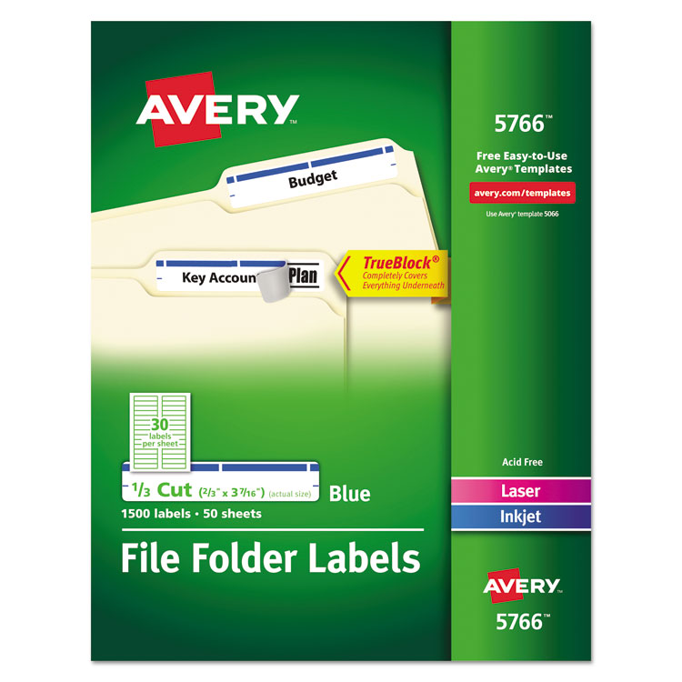 Avery Permanent TrueBlock File Folder Labels with Sure Feed Technology, 0.66 x 3.44, Blue/White, 30/Sheet, 50 Sheets/Box (AVE5766)