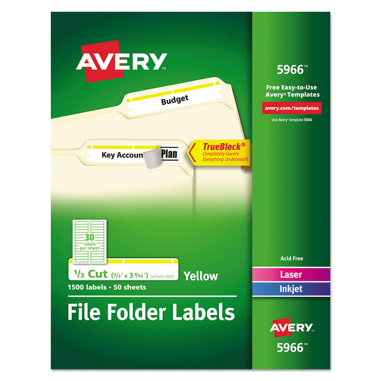 Avery Permanent TrueBlock File Folder Labels with Sure Feed Technology, 0.66 x 3.44, Yellow/White, 30/Sheet, 50 Sheets/Box (AVE5966)