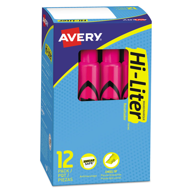 Avery HI-LITER Desk-Style Highlighters, Fluorescent Pink Ink, Chisel Tip, Pink/Black Barrel, Dozen (AVE24010)