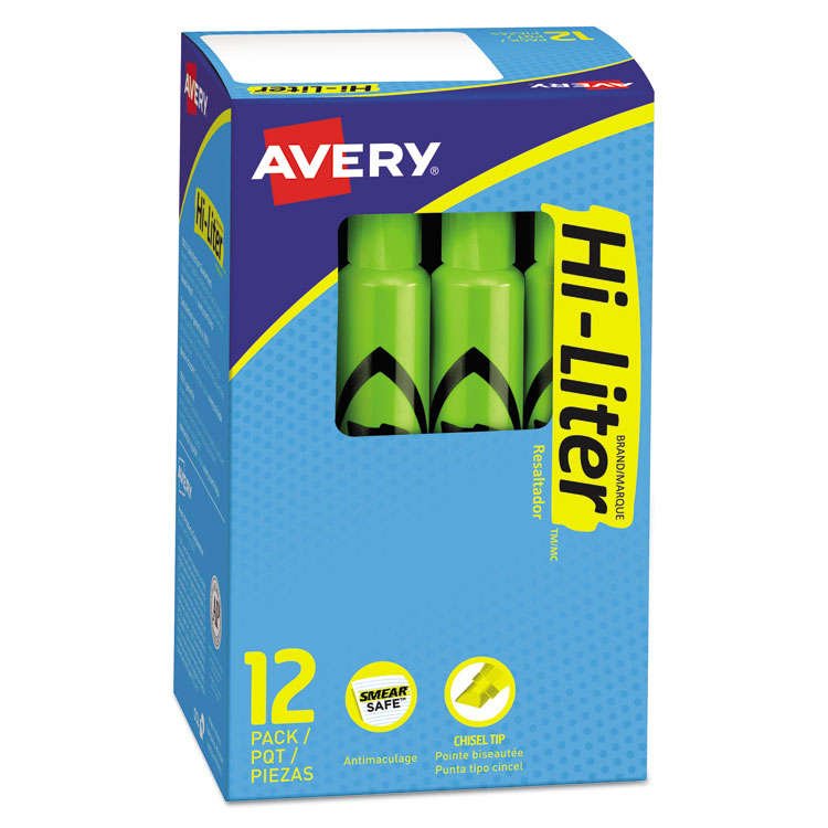 Avery HI-LITER Desk-Style Highlighters, Fluorescent Green Ink, Chisel Tip, Green/Black Barrel, Dozen (AVE24020)