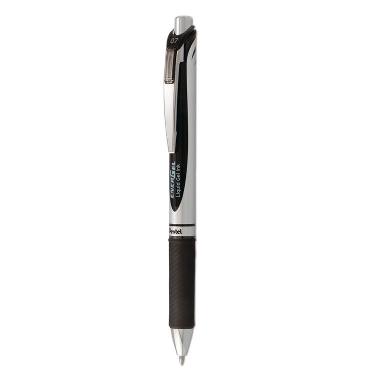 Pentel EnerGel RTX Gel Pen, Retractable, Medium 0.7 mm, Black Ink, Black/Silver Barrel, Dozen (PENBL77PC12A1)