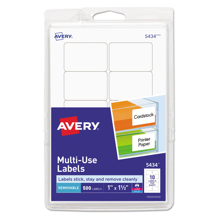 Avery Removable Multi-Use Labels, Inkjet/Laser Printers, 1 x 1.5, White, 10/Sheet, 50 Sheets/Pack, (5434) (AVE05434)
