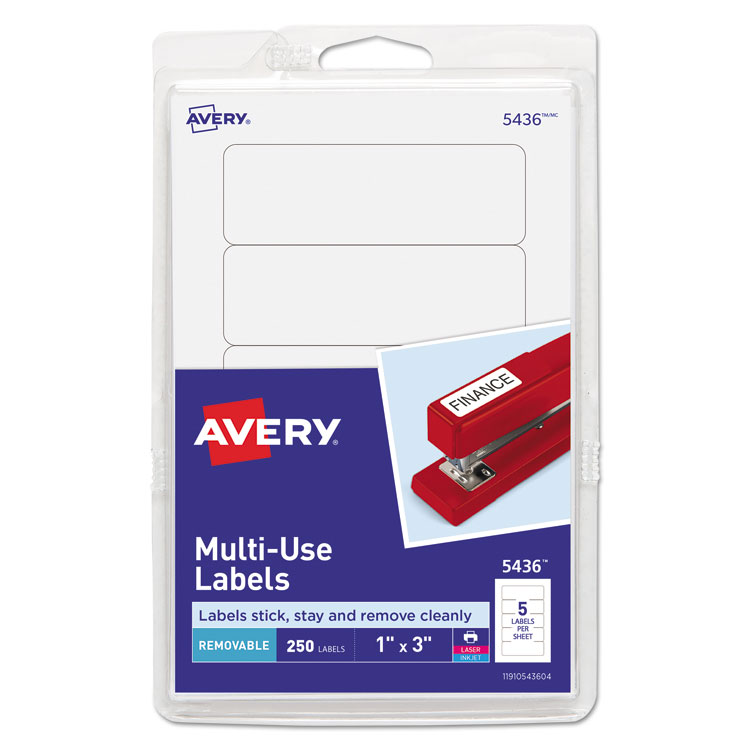 Avery Removable Multi-Use Labels, Inkjet/Laser Printers, 1 x 3, White, 5/Sheet, 50 Sheets/Pack, (5436) (AVE05436)