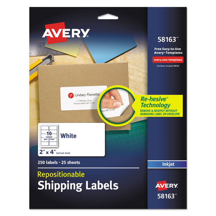 Avery Repositionable Address Labels w/Sure Feed, Inkjet/Laser, 2 x 4, White, 250/Box (AVE58163)