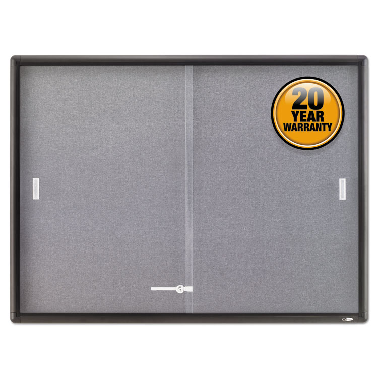 Quartet Enclosed Indoor Cork/Fabric Bulletin Board with 2 Sliding Glass Doors, 48" x 36", Gray Surface, Graphite Gray Aluminum Frame (QRT2364S)