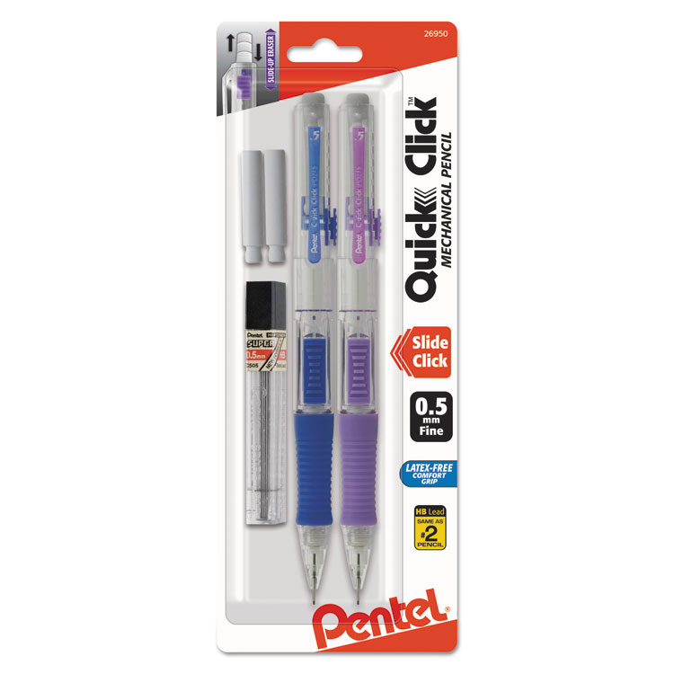 Pentel QUICK CLICK Mechanical Pencils with Tube of Lead/Erasers, 0.5 mm, HB (#2), Black Lead, Assorted Barrel Colors, 2/Pack (PENPD215LEBP2)
