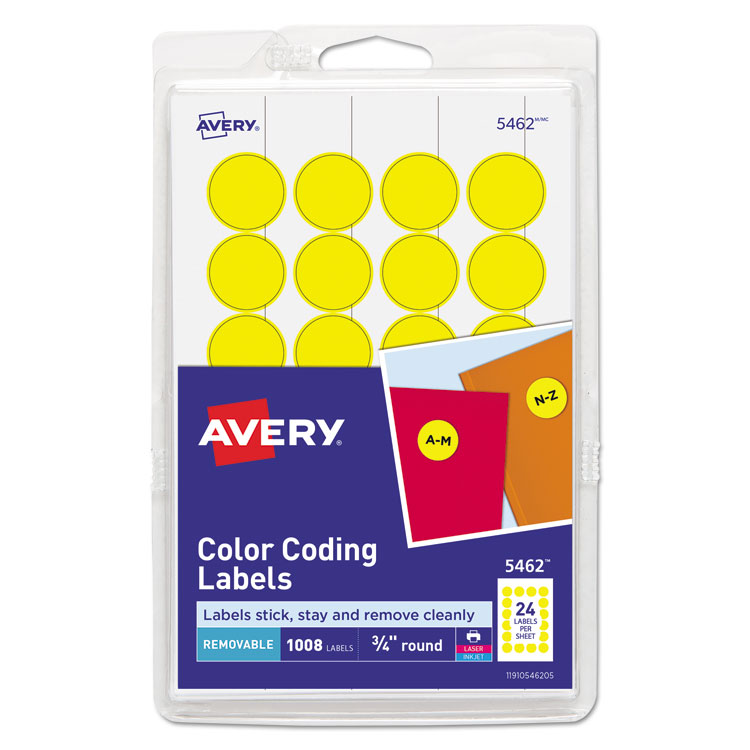 Avery Printable Self-Adhesive Removable Color-Coding Labels, 0.75" dia, Yellow, 24/Sheet, 42 Sheets/Pack, (5462) (AVE05462)