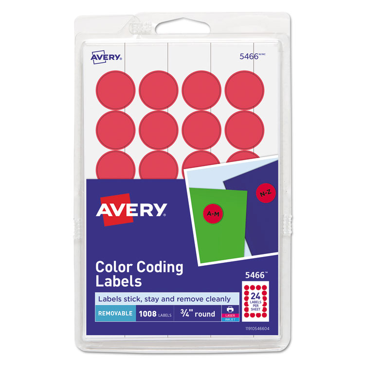 Avery Printable Self-Adhesive Removable Color-Coding Labels, 0.75" dia, Red, 24/Sheet, 42 Sheets/Pack, (5466) (AVE05466)