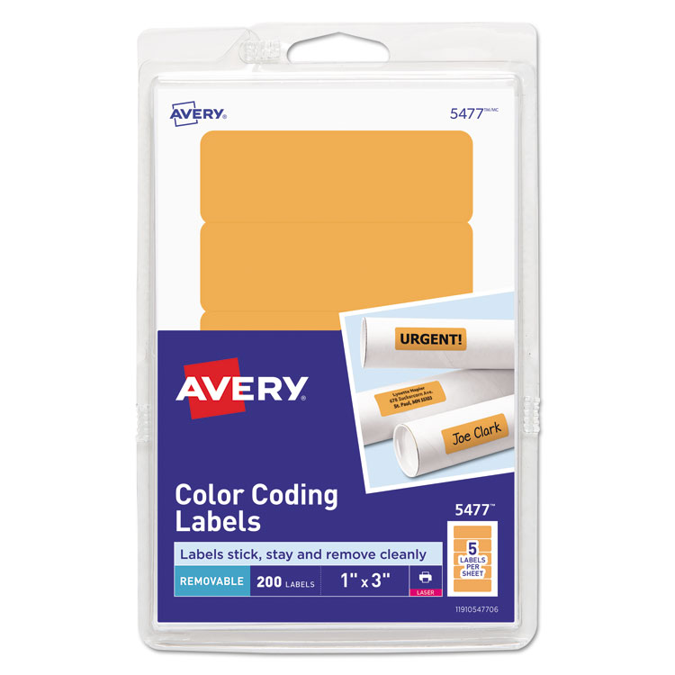 Avery Printable Self-Adhesive Removable Color-Coding Labels, 1 x 3, Neon Orange, 5/Sheet, 40 Sheets/Pack, (5477) (AVE05477)