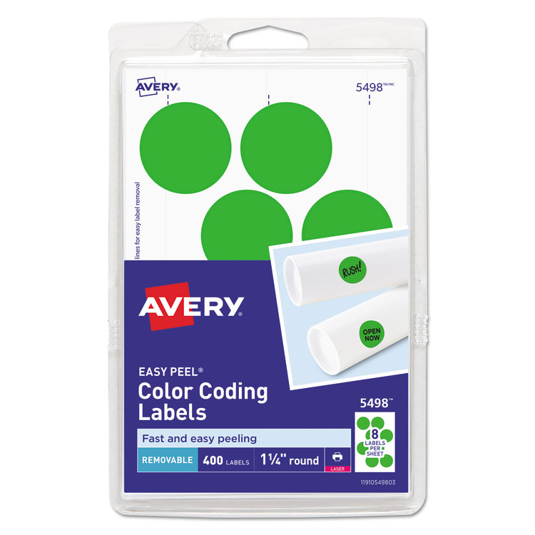 AVE05498 - Avery Printable Self-Adhesive Removable Color-Coding Labels, 1.25" dia, Neon Green, 8/Sheet, 50 Sheets/Pack, (5498) (AVE05498)