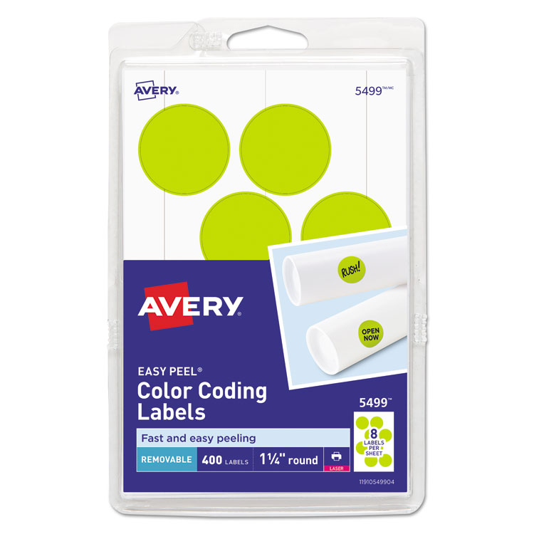 Avery Printable Self-Adhesive Removable Color-Coding Labels, 1.25" dia, Neon Yellow, 8/Sheet, 50 Sheets/Pack, (5499) (AVE05499)