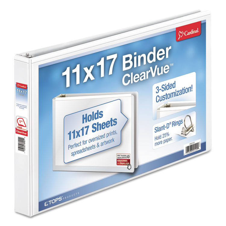 Cardinal ClearVue Slant-D Ring Binder, 3 Rings, 1" Capacity, 11 x 17, White (CRD22112)