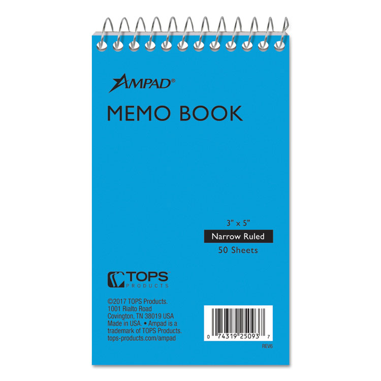 Ampad Memo Pads, Narrow Rule, Randomly Assorted Cover Colors, 50 White 3 x 5 Sheets (TOP25093)