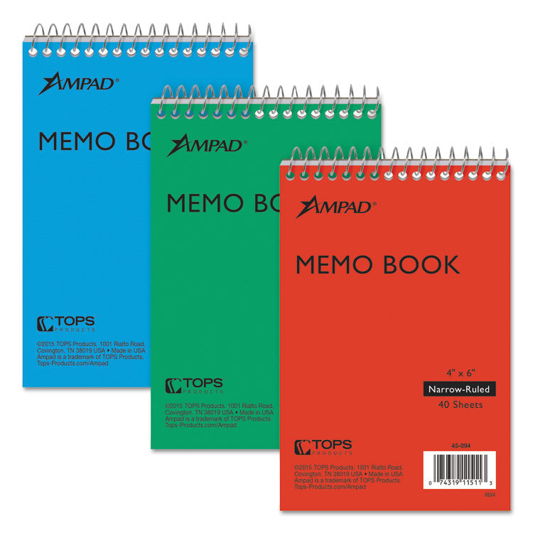 Ampad Memo Pads, Narrow Rule, Assorted Cover Colors, 40 White 4 x 6 Sheets, 3/Pack (TOP45094)