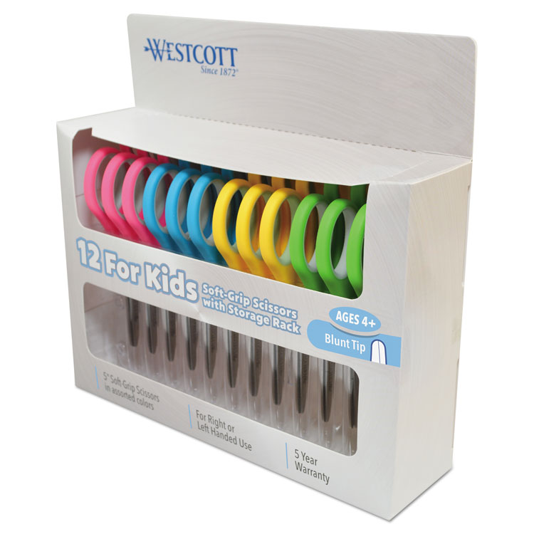 Westcott Soft Handle Kids Scissors, Rounded Tip, 5" Long, 1.75" Cut Length, Straight Assorted Color Handles, 12/Pack (ACM15971)