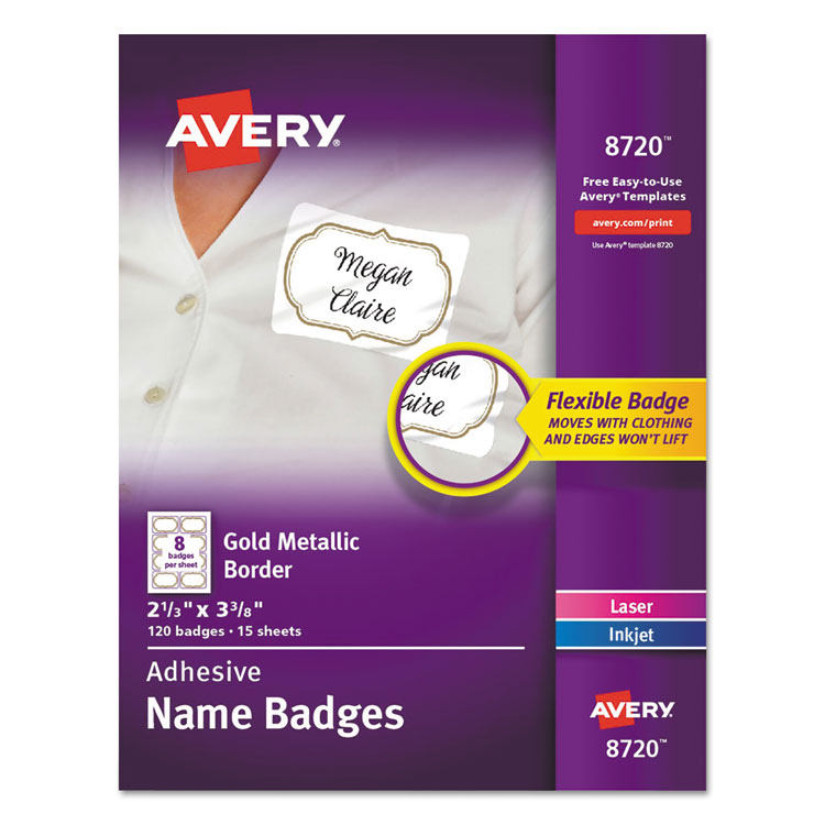 Avery Flexible Adhesive Name Badge Labels, 3 3/8 x 2 1/3, White/Gold Border, 120/PK (AVE8720)