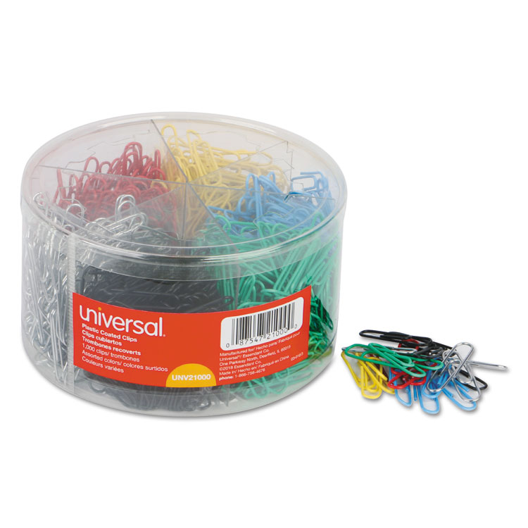 Universal Plastic-Coated Paper Clips with Six-Compartment Dispenser Tub, #3, Assorted Colors, 1,000/Pack (UNV21000)