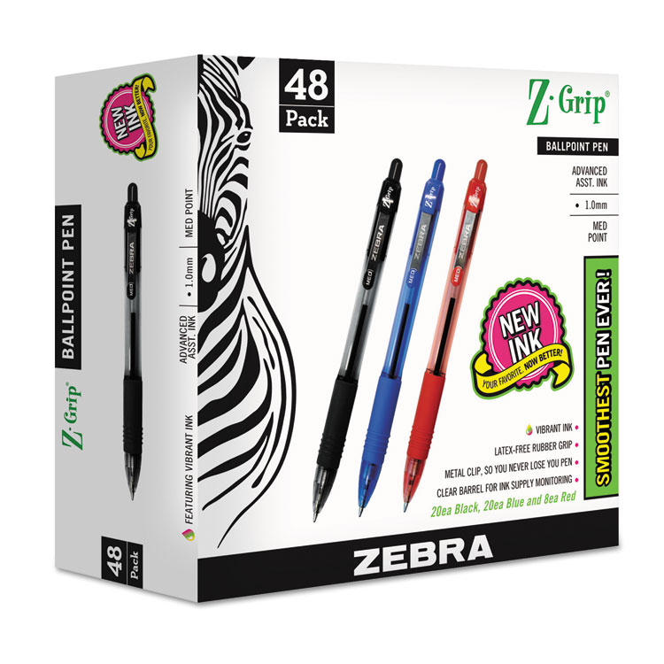 Zebra Z-Grip Ballpoint Pen, Retractable, Medium 1 mm, Assorted Ink and Barrel Colors, 48/Pack (ZEB22048)